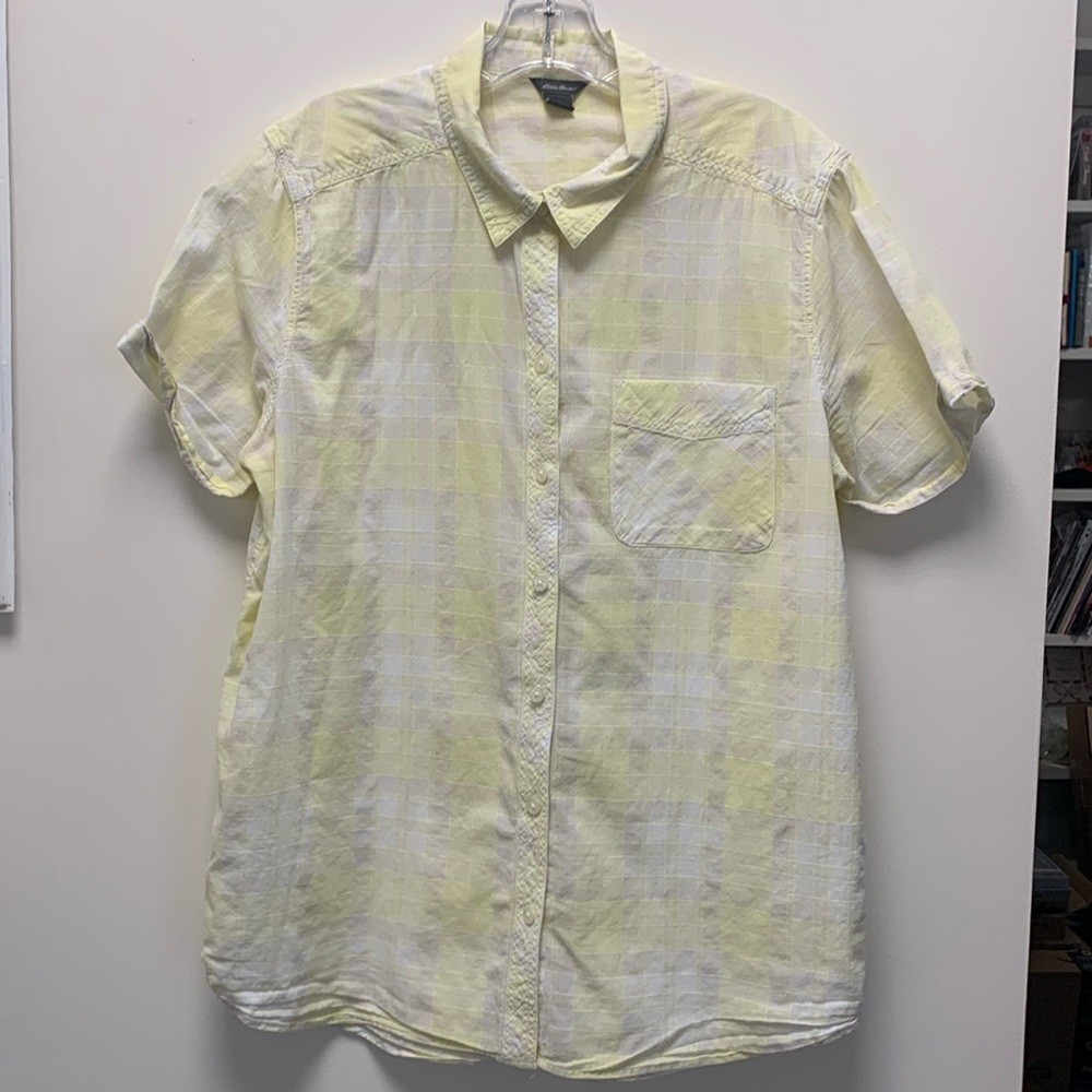 Eddie Bauer Women’s Yellow & White Plaid Short Sleeve Shirt XL
